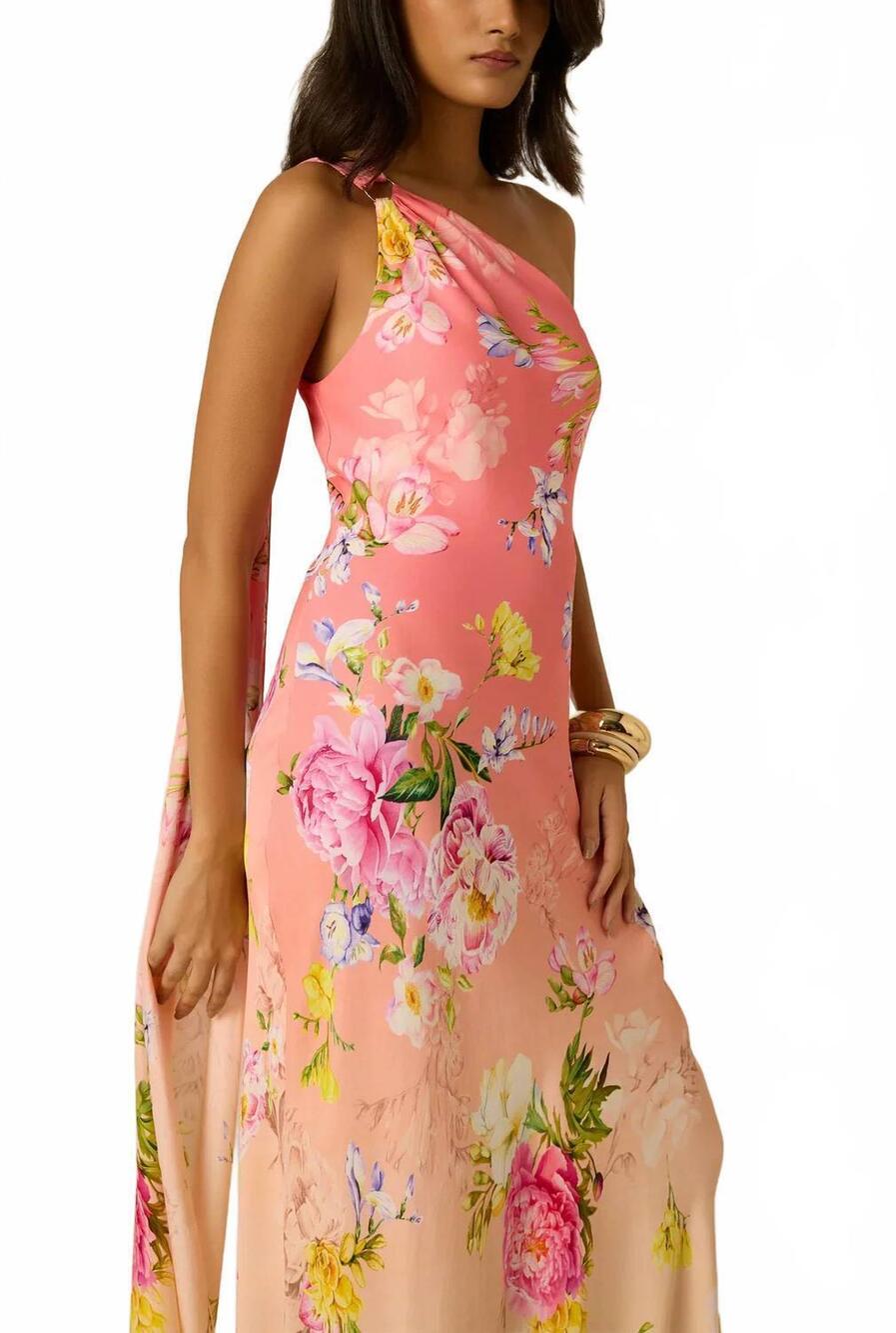 NEW HEMANT & NANDITA avya one shoulder sash dress in pink multi - Picture 5 of 10